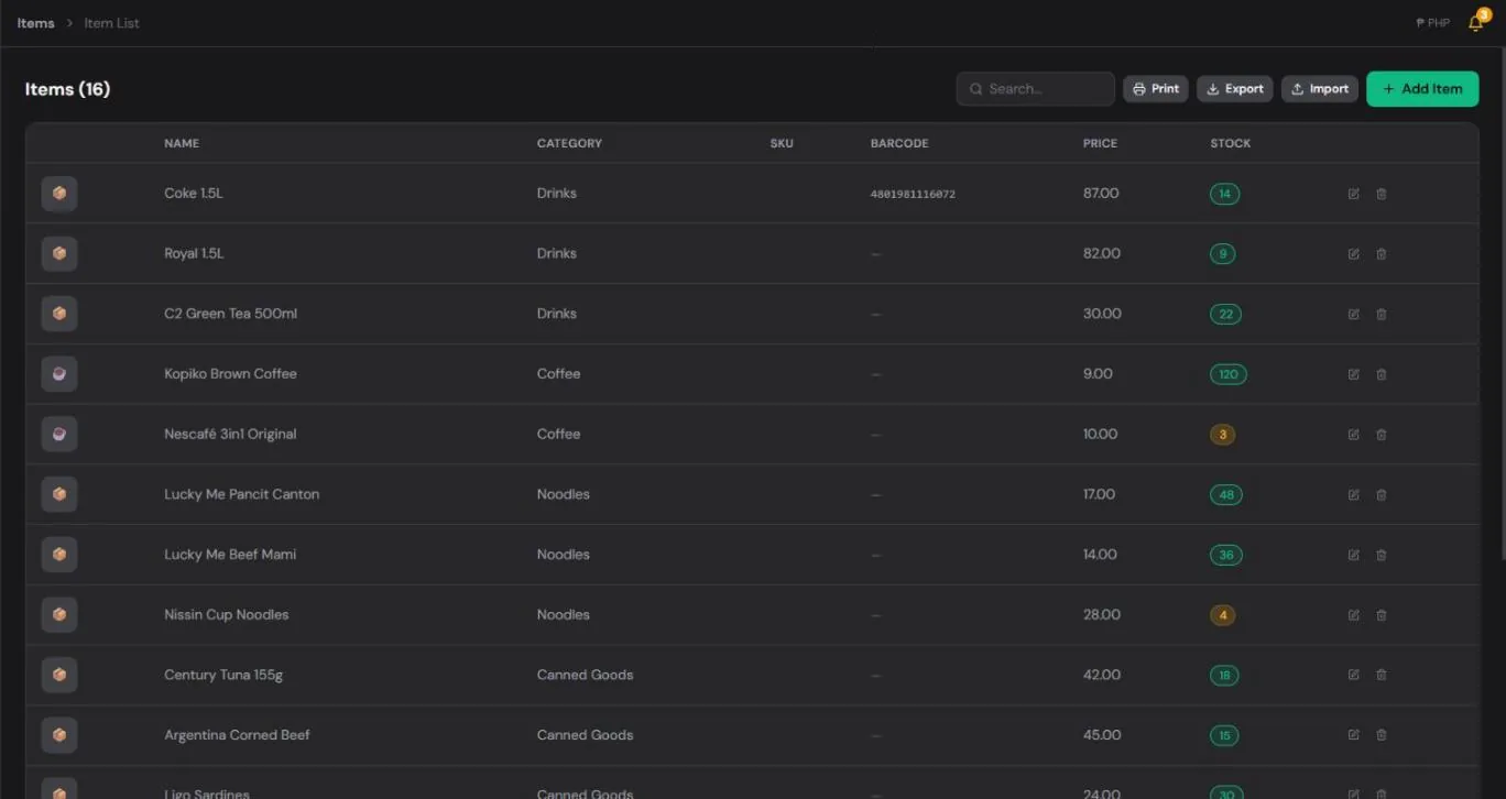 HuggsPOS item list with categories, prices and stock levels, low-stock items highlighted