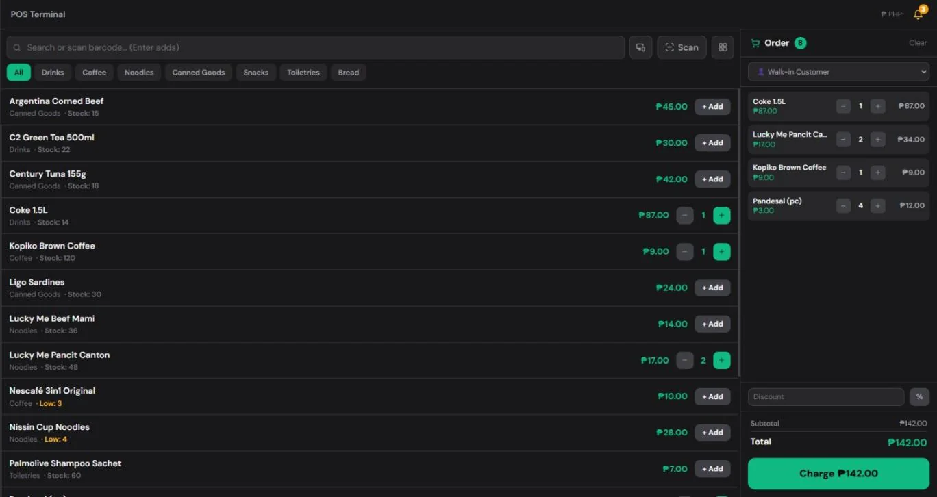 HuggsPOS POS terminal with items in the cart and the total ready to charge