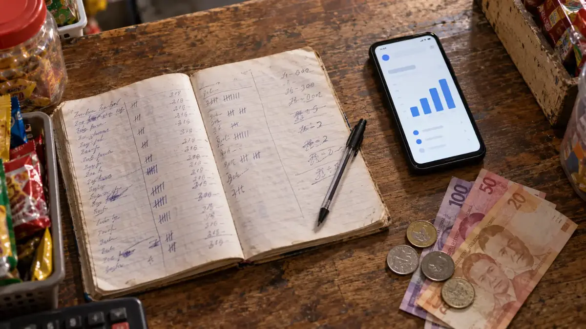 A handwritten sales notebook next to a phone showing a sales dashboard
